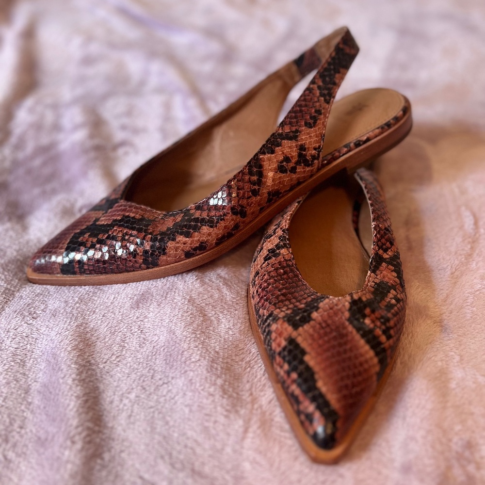 Pointed Toe Slingback Flats in Brown Snakeskin